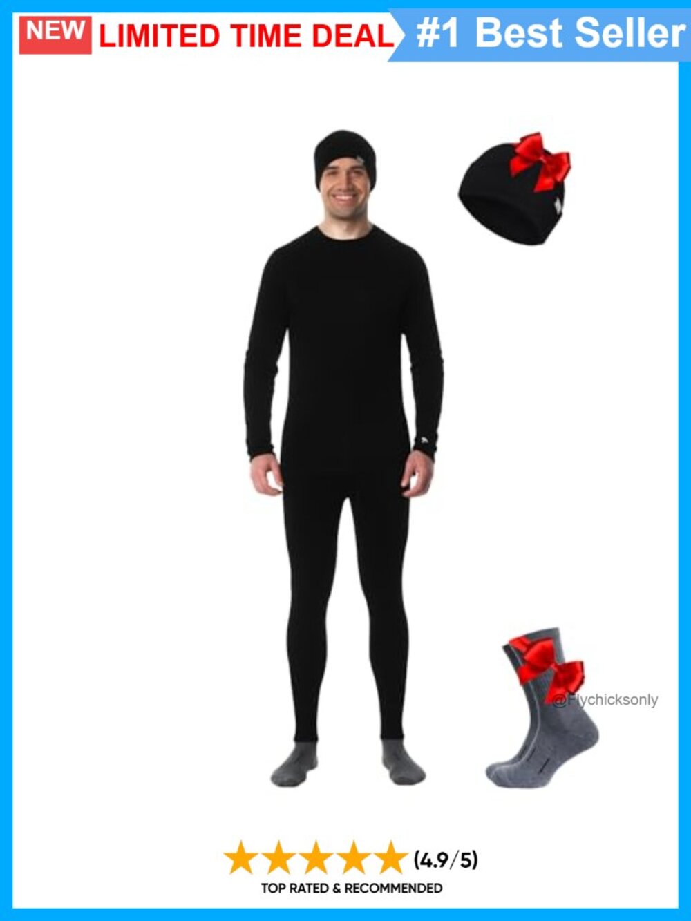 Merino Wool Base Layer Thermal Set Top & Bottom Beanie Mens
